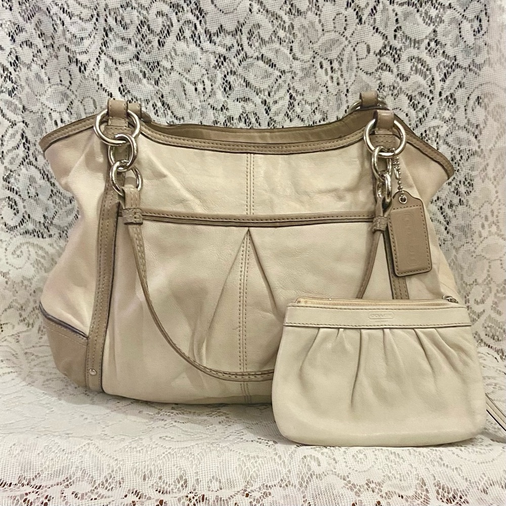Coach- 16739 Alexandra Large Beige- Tan Gray Leather Hobo Bag with Wristlet
